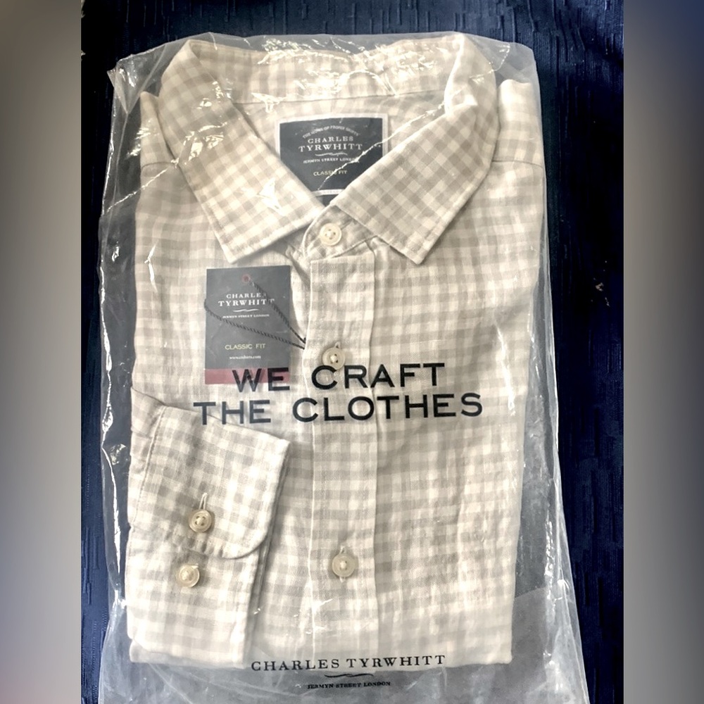 Linen Charles Tyrwhitt London New grey gingham checked men’s shirt L
